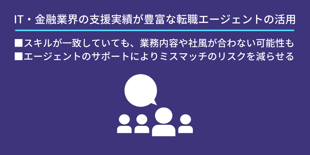 IT・金融業界の支援実績が豊富な転職エージェントの活用:■スキルが一致していても、業務内容や社風が合わない可能性も ■エージェントのサポートによりミスマッチのリスクを減らせる
