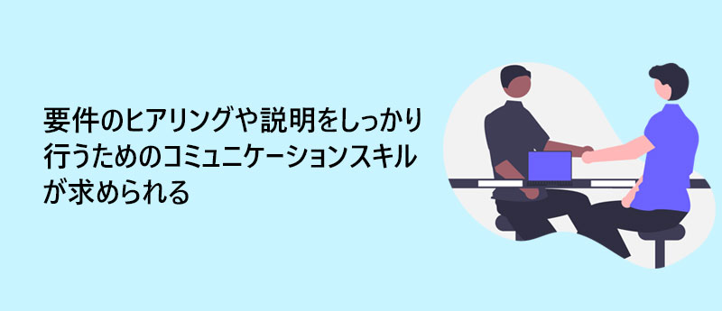 要件のヒアリングや説明をしっかり行うためのコミュニケーションスキルが求められる