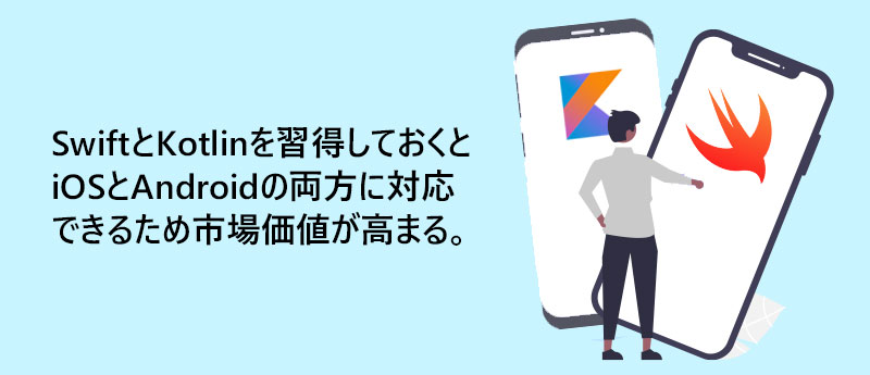 SwiftとKotlinを習得しておくとiOSとAndroidの両方に対応できるため市場価値が高まる。