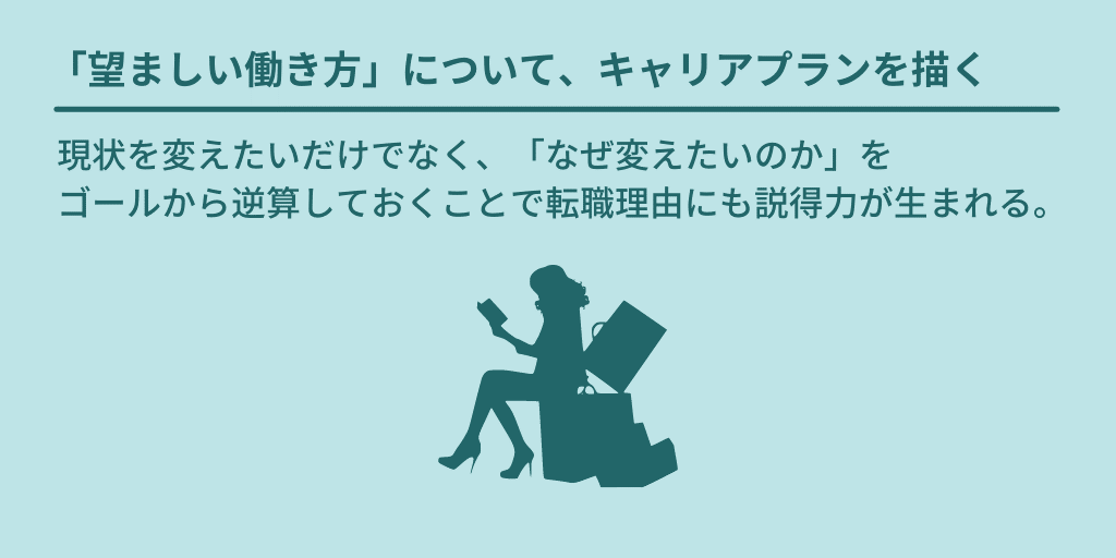 「望ましい働き方」について、キャリアプランを描く:現状を変えたいだけでなく、「なぜ変えたいのか」をゴールから逆算しておくことで転職理由にも説得力が生まれる。