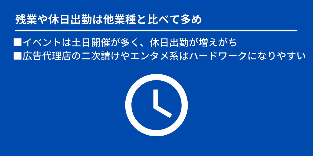 残業や休日出勤は他業種と比べて多め:■イベントは土日開催が多く、休日出勤が増えがち ■広告代理店の二次請けやエンタメ系はハードワークになりやすい