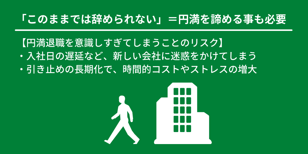 「このままでは辞められない」=円満を諦める事も必要:【円満退職を意識しすぎてしまうことのリスク】・入社日の遅延など、新しい会社に迷惑をかけてしまう ・引き止めの長期化で、時間的コストやストレスの増大