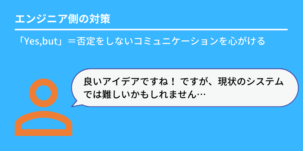 エンジニア側の対策:「Yes,but」=否定をしないコミュニケーションを心がける「良いアイデアですね! ですが、現状のシステムでは難しいかもしれません…」