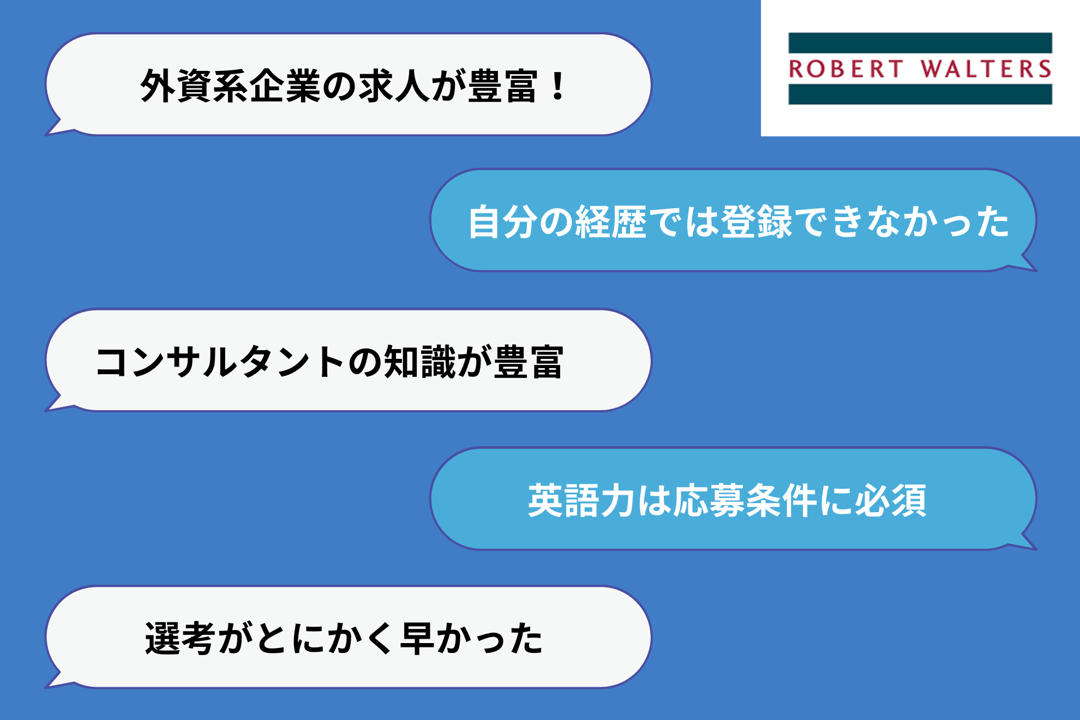「外資系企業の求人が豊富!」「コンサルタントの知識が豊富」「選考がとにかく早かった」「自分の経歴では登録できなかった」「英語力は応募条件に必須」