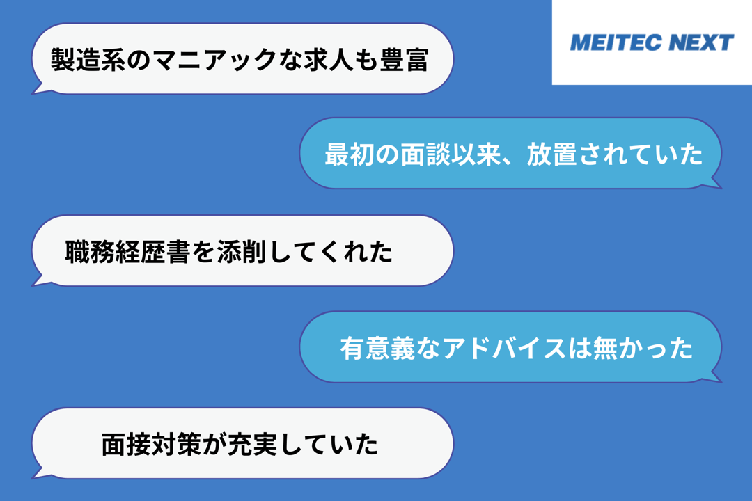 「製造系のマニアックな求人も豊富」「職務経歴書を添削してくれた」「面接対策が充実していた」「最初の面談以来、放置されていた」「有意義なアドバイスは無かった」
