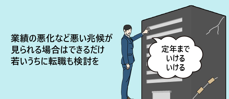 業績の悪化など悪い兆候が見られる場合はできるだけ若いうちに転職も検討を