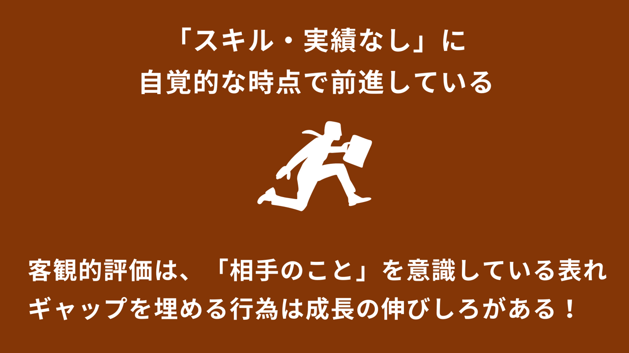 「スキル・実績なし」に自覚的な時点で前進している:客観的評価は、「相手のこと」を意識している表れ。ギャップを埋める行為は成長の伸びしろがある!