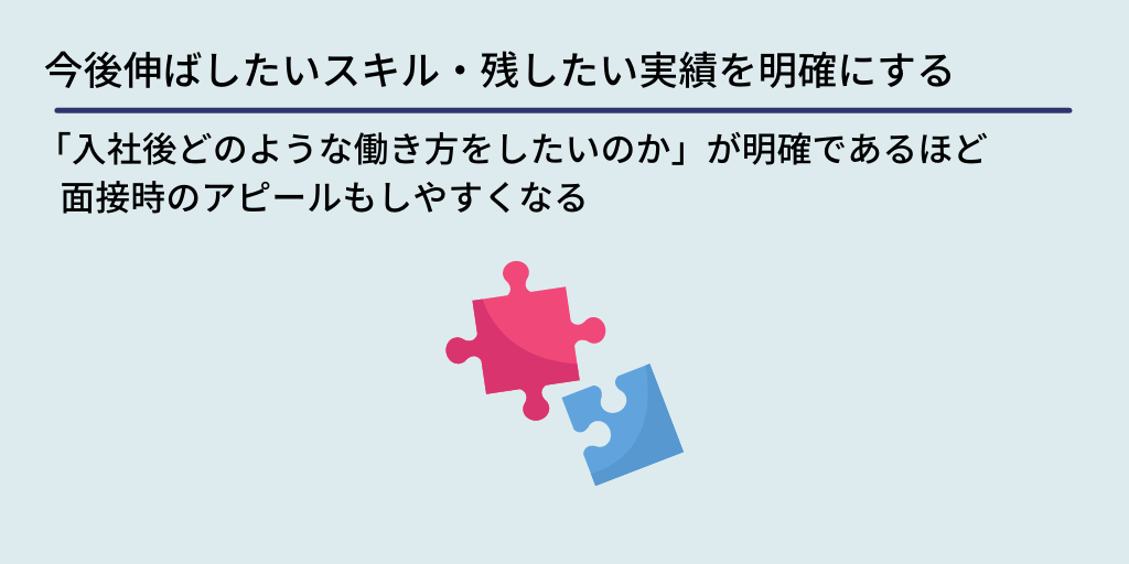 今後伸ばしたいスキル・残したい実績を明確にする:「入社後どのような働き方をしたいのか」が明確であるほど面接時のアピールもしやすくなる