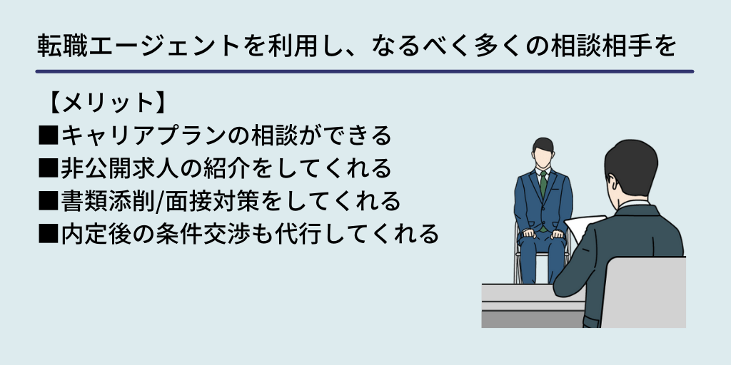 転職エージェントを利用し、なるべく多くの相談相手を:【メリット】 ■キャリアプランの相談ができる ■非公開求人の紹介をしてくれる ■書類添削/面接対策をしてくれる ■内定後の条件交渉も代行してくれる