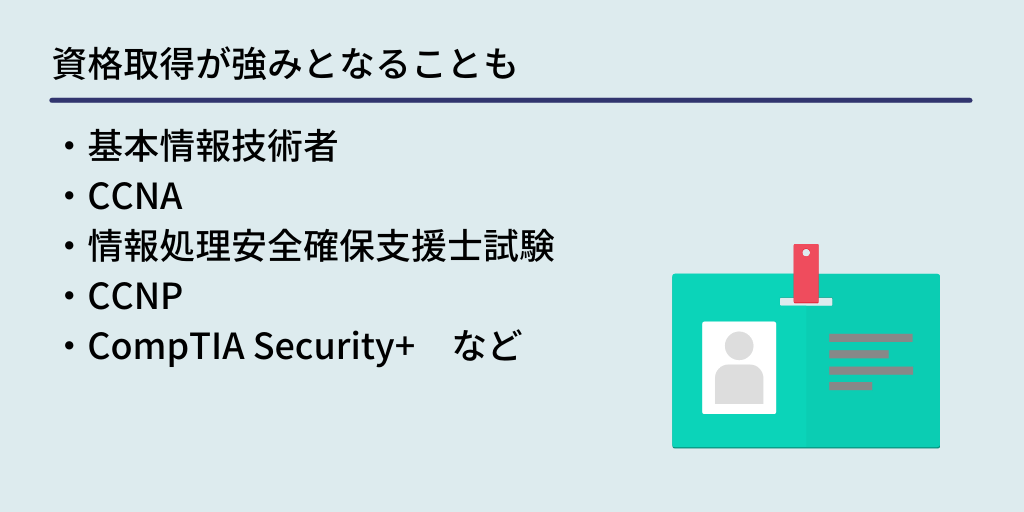 資格取得が強みとなることも ・基本情報技術者 ・CCNA ・情報処理安全確保支援士試験 ・CCNP ・CompTIA Security+ など
