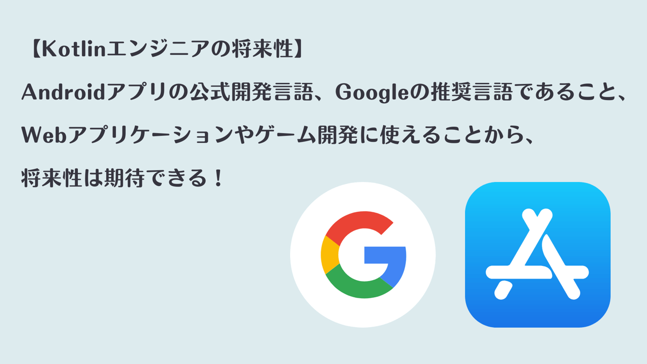 【Kotlinエンジニアの将来性】 Androidアプリの公式開発言語、Googleの推奨言語であること、Webアプリケーションやゲーム開発に使えることから、将来性は期待できる!