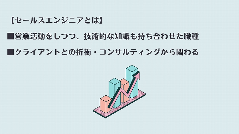【セールスエンジニアとは】 ■営業活動をしつつ、技術的な知識も持ち合わせた職種 ■クライアントとの折衝・コンサルティングから関わる