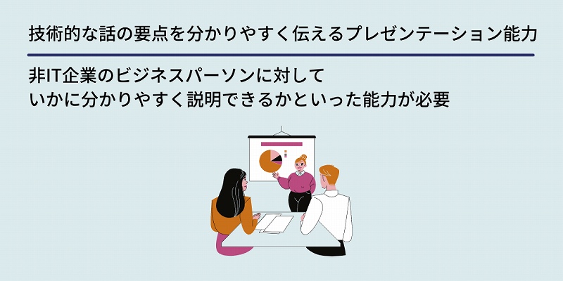 技術的な話の要点を分かりやすく伝えるプレゼンテーション能力:非IT企業のビジネスパーソンに対していかに分かりやすく説明できるかといった能力が必要