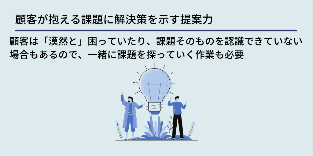 顧客が抱える課題に解決策を示す提案力:顧客は「漠然と」困っていたり、課題そのものを認識できていない場合もあるので、一緒に課題を探っていく作業も必要