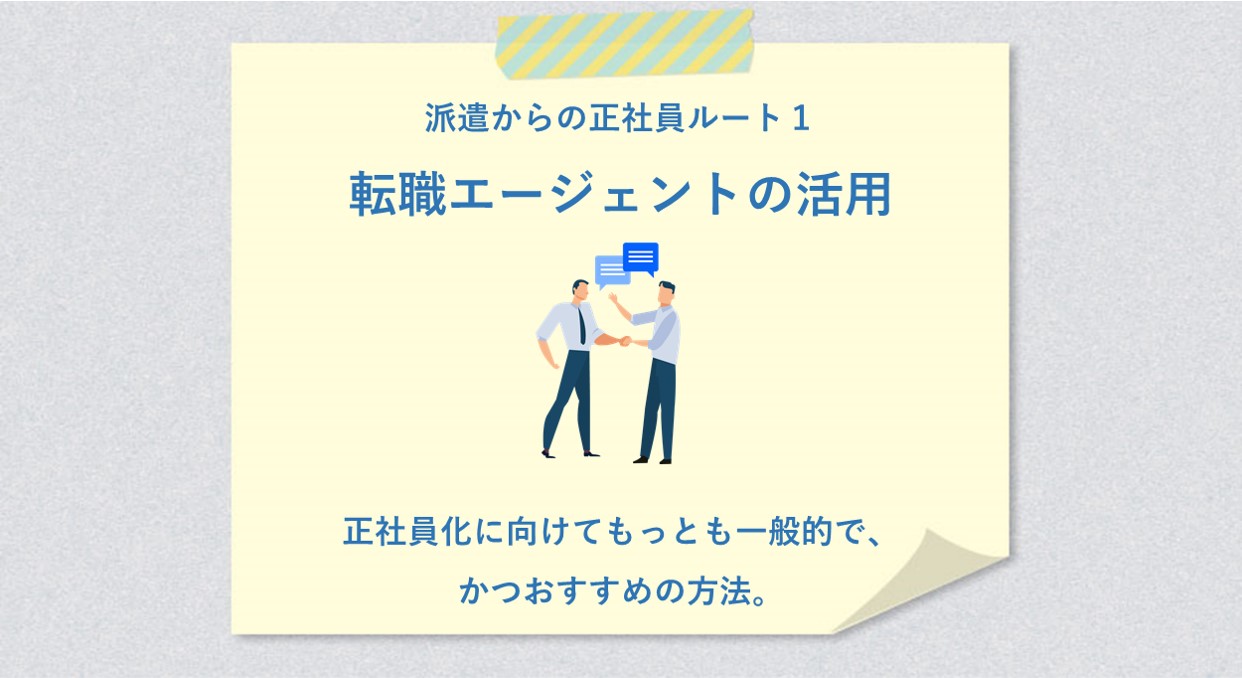 派遣からの正社員ルート1転職エージェントの活用 ●正社員化に向けてもっとも一般的で、かつおすすめの方法。