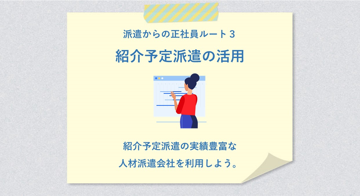 派遣からの正社員ルート3 紹介予定派遣の活用 ●紹介予定派遣の実績豊富な人材派遣会社を利用しよう。