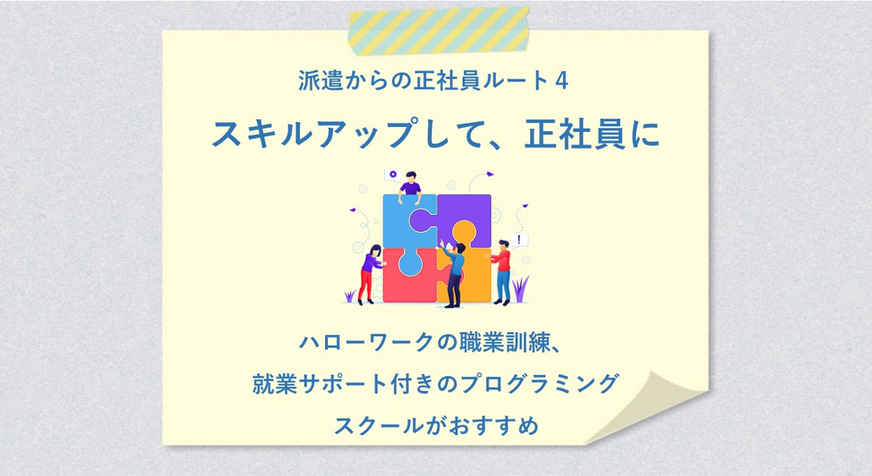 派遣からの正社員ルート4 スキルアップして、正社員に ●ハローワークの職業訓練、就業サポート付きのプログラミングスクールがおすすめ