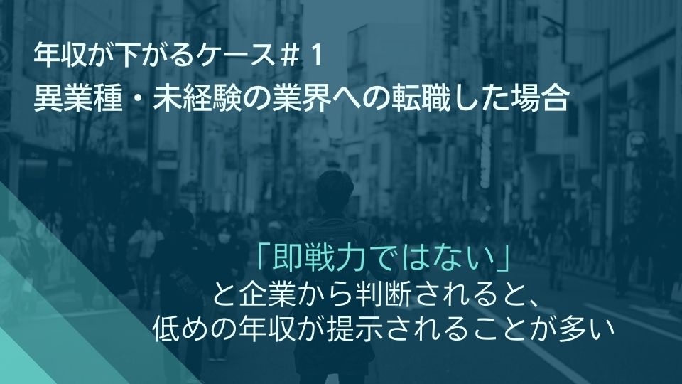年収が下がるケース#1 異業種・未経験の業界への転職した場合 ●「即戦力ではない」と企業から判断されると、低めの年収が提示されることが多い