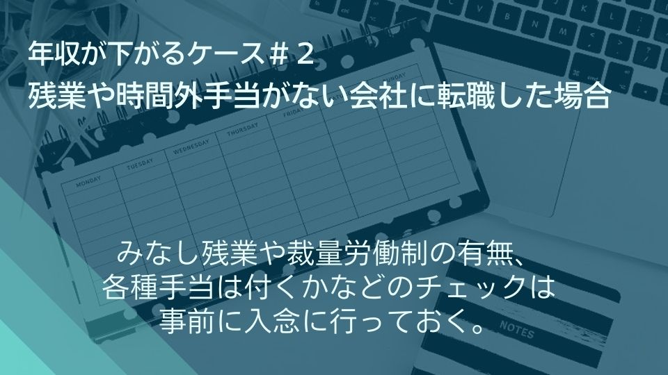 年収が下がるケース#2 残業や時間外手当がない会社に転職した場合 ●みなし残業や裁量労働制の有無、各種手当は付くかなどのチェックは事前に入念に行っておく。