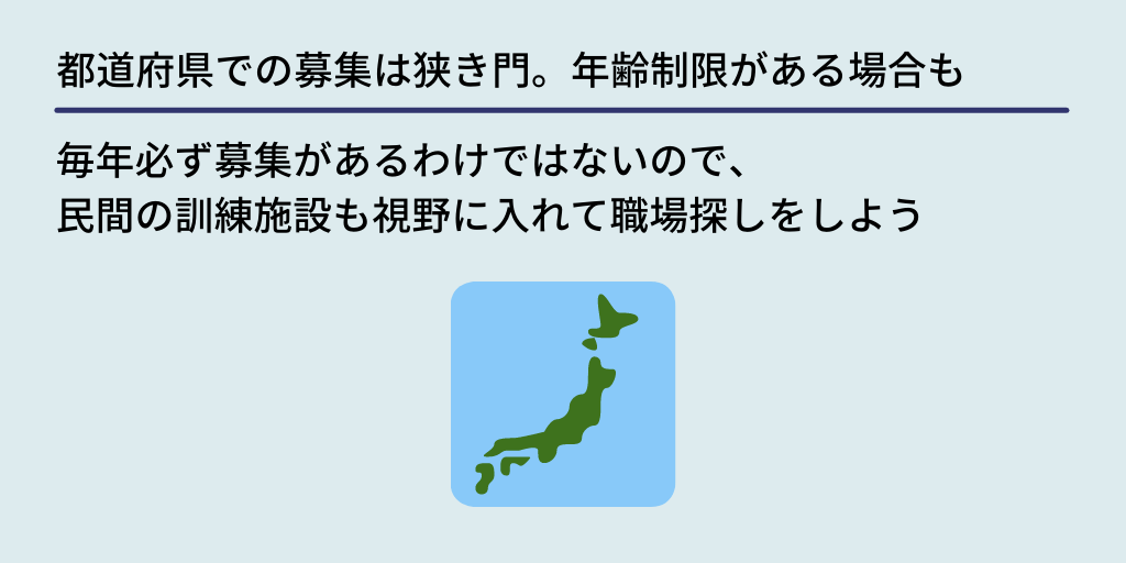 都道府県での募集は狭き門。年齢制限がある場合も:毎年必ず募集があるわけではないので、民間の訓練施設も視野に入れて職場探しをしよう
