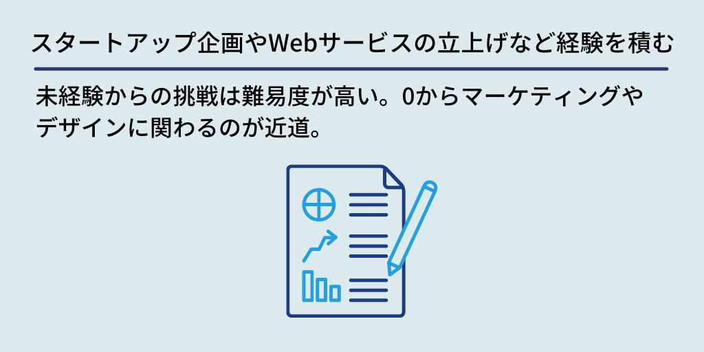 スタートアップ企画やWebサービスの立上げなど経験を積む:未経験からの挑戦は難易度が高い。0からマーケティングやデザインに関わるのが近道。