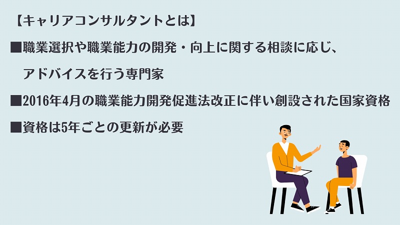 【キャリアコンサルタントとは】 ■職業選択や職業能力の開発・向上に関する相談に応じ、アドバイスを行う専門家 ■2016年4月の職業能力開発促進法改正に伴い創設された国家資格 ■資格は5年ごとの更新が必要