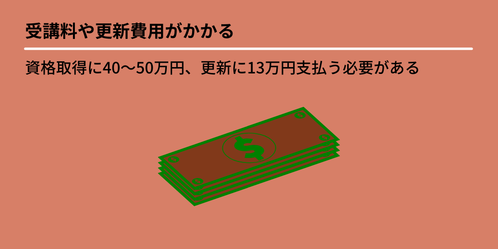 受講料や更新費用がかかる:資格取得に40~50万円、更新に13万円支払う必要がある
