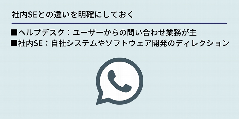 社内SEとの違いを明確にしておく:■ヘルプデスク:ユーザーからの問い合わせ業務が主 ■社内SE:自社システムやソフトウェア開発のディレクション