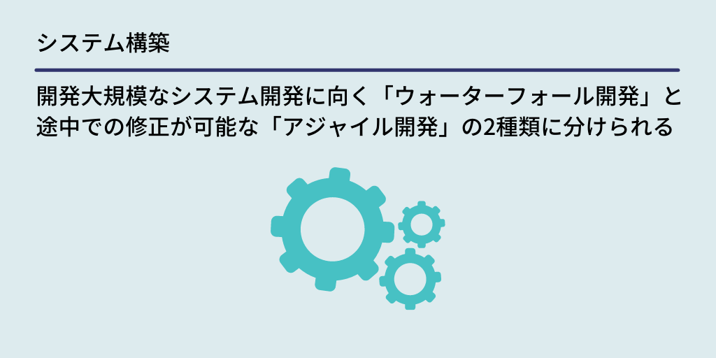 システム構築:開発大規模なシステム開発に向く「ウォーターフォール開発」と 途中での修正が可能な「アジャイル開発」の2種類に分けられる
