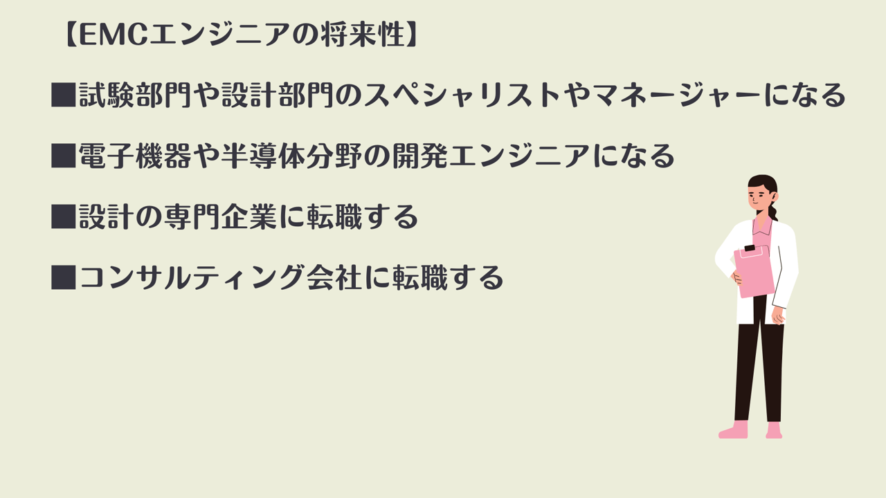 【EMCエンジニアの将来性】 ■試験部門や設計部門のスペシャリストやマネージャーになる ■電子機器や半導体分野の開発エンジニアになる ■設計の専門企業に転職する ■コンサルティング会社に転職する