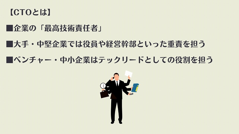 【CTOとは】 ■企業の「最高技術責任者」 ■大手・中堅企業では役員や経営幹部といった重責を担う ■ベンチャー・中小企業はテックリードとしての役割を担う