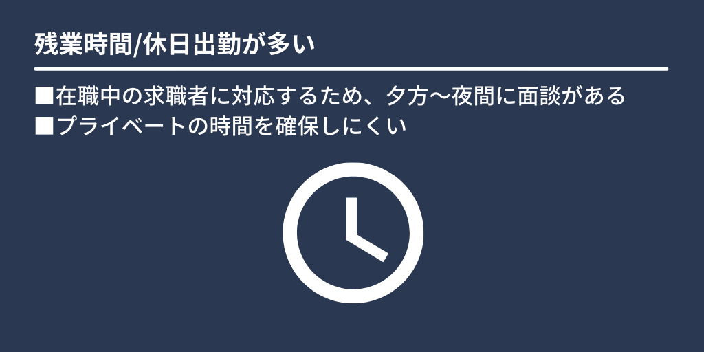 残業時間/休日出勤が多い:■在職中の求職者に対応するため、夕方~夜間に面談がある ■プライベートの時間を確保しにくい