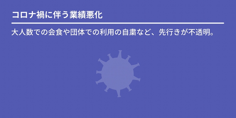 コロナ禍に伴う業績悪化:大人数での会食や団体での利用の自粛など、先行きが不透明。
