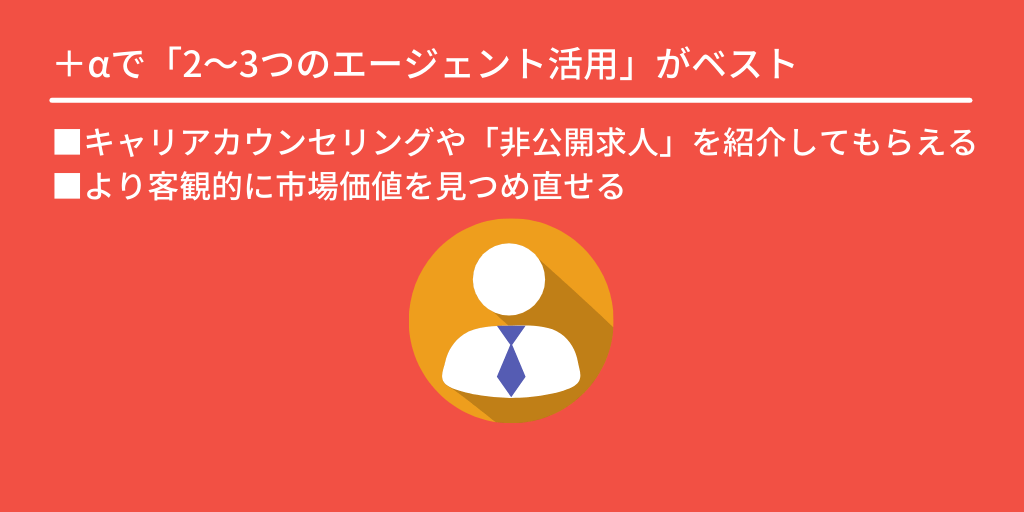 +αで「2~3つのエージェント活用」がベスト:■キャリアカウンセリングや「非公開求人」を紹介してもらえる ■より客観的に市場価値を見つめ直せる