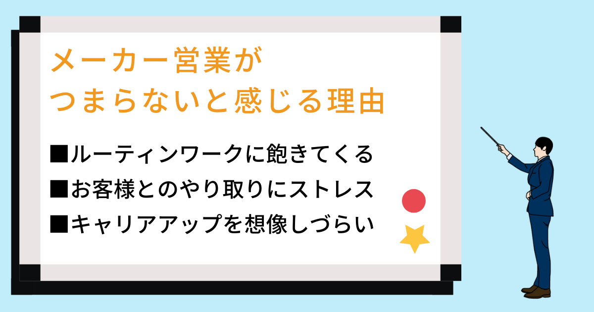 メーカー営業がつまらないと感じる理由 ■ルーティンワークに飽きてくる ■お客様とのやり取りにストレス ■キャリアアップを想像しづらい