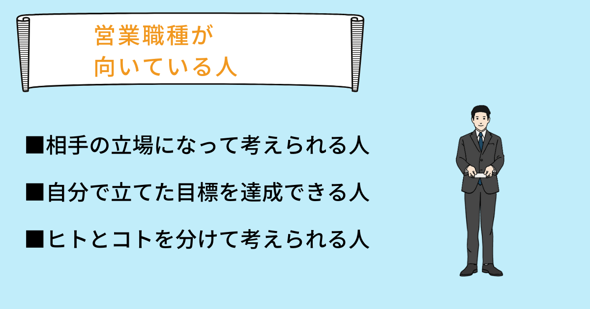 営業職種が向いている人 ■相手の立場になって考えられる人 ■自分で立てた目標を達成できる人 ■ヒトとコトを分けて考えられる人