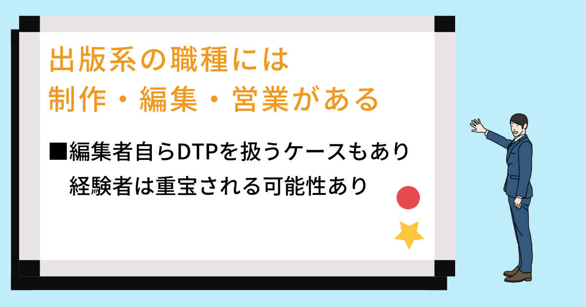 出版系の職種には制作・編集・営業がある ■編集者自らDTPを扱うケースもあり経験者は重宝される可能性あり