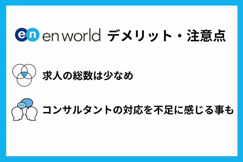 エンワールドデメリット・注意点 ■求人の総数は少なめ ■コンサルタントの対応を不足に感じる事も