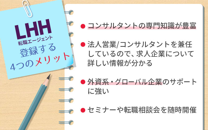 LHH転職エージェントに登録する4つのメリット。 ■コンサルタントの専門知識が豊富 ■法人営業/コンサルタントを兼任しているので、求人企業について詳しい情報が分かる ■外資系・グローバル企業のサポートに強い ■セミナーや転職相談会を随時開催