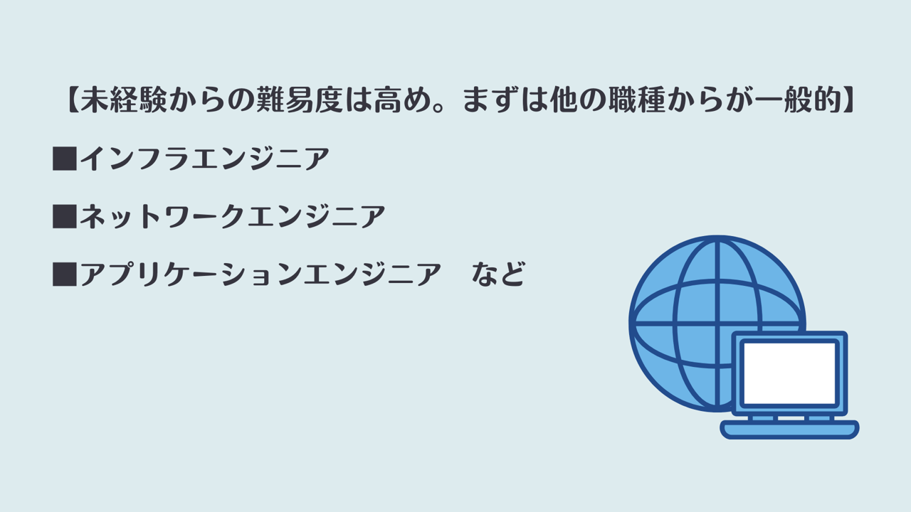 【未経験からの難易度は高め。まずは他の職種からが一般的】 ■インフラエンジニア ■ネットワークエンジニア ■アプリケーションエンジニア など
