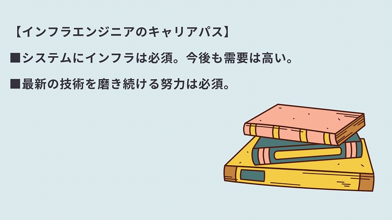 【インフラエンジニアのキャリアパス】 ■システムにインフラは必須。今後も需要は高い。 ■最新の技術を磨き続ける努力は必須。