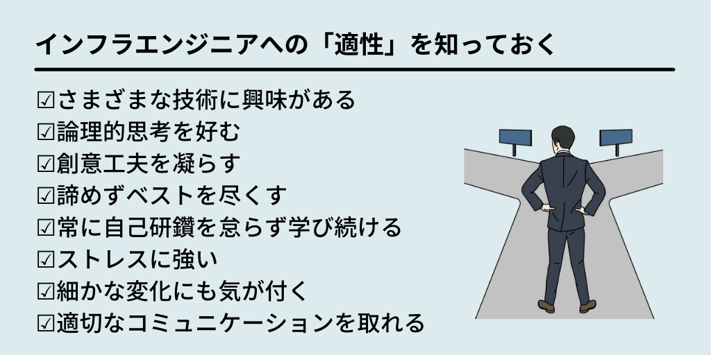 インフラエンジニアへの「適性」を知っておく:☑さまざまな技術に興味がある ☑論理的思考を好む ☑創意工夫を凝らす ☑諦めずベストを尽くす ☑常に自己研鑽を怠らず学び続ける ☑ストレスに強い ☑細かな変化にも気が付く ☑適切なコミュニケーションを取れる