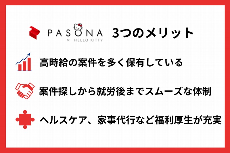 パソナ3つのメリット ■高時給の案件を多く保有している ■案件探しから就労後までスムーズな体制 ■ヘルスケア、家事代行など福利厚生が充実