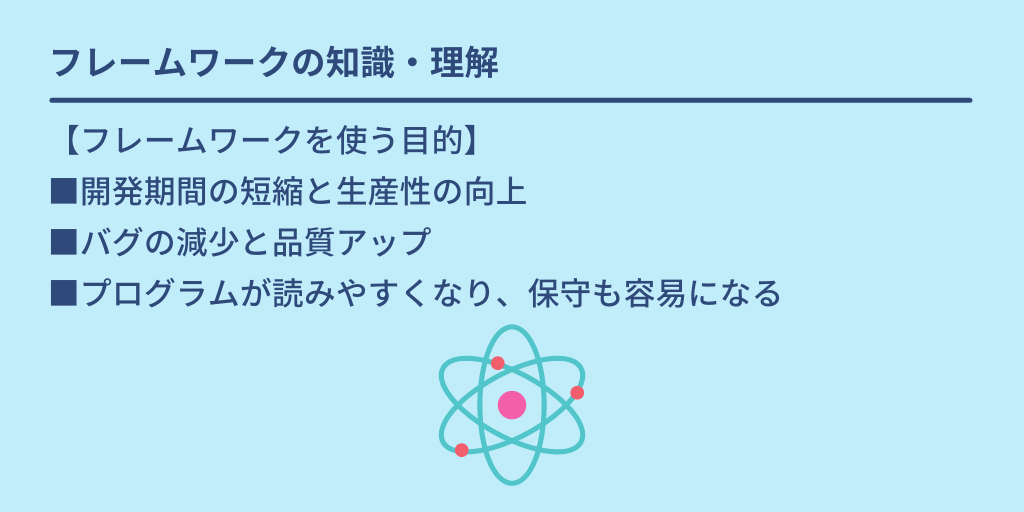 フレームワークの知識・理解:【フレームワークを使う目的】 ■開発期間の短縮と生産性の向上 ■バグの減少と品質アップ ■プログラムが読みやすくなり、保守も容易になる