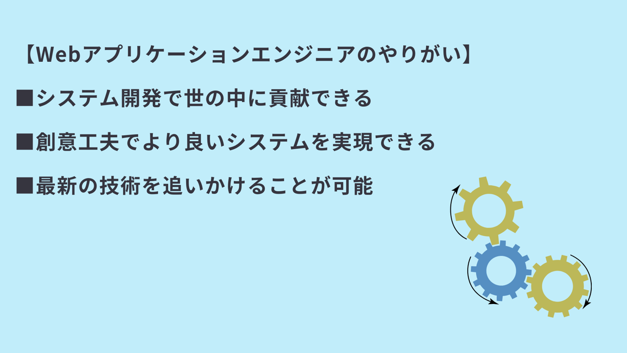 【Webアプリケーションエンジニアのやりがい】 ■システム開発で世の中に貢献できる ■創意工夫でより良いシステムを実現できる ■最新の技術を追いかけることが可能