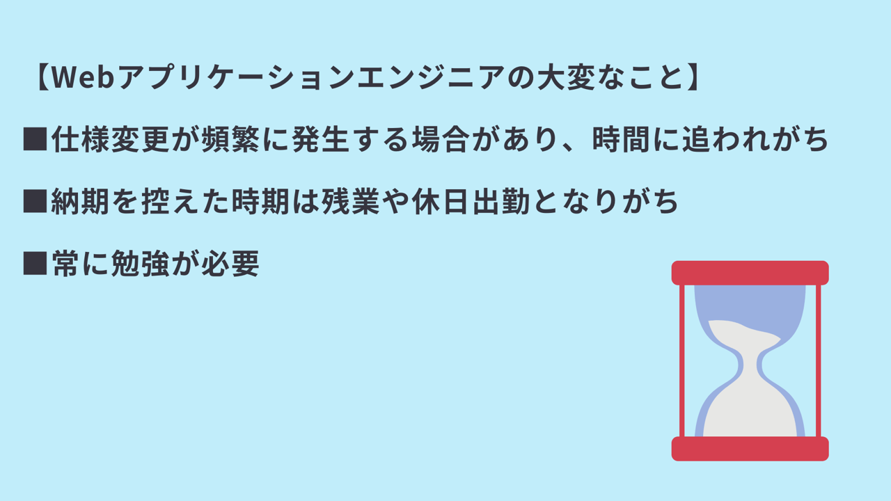 【Webアプリケーションエンジニアの大変なこと】 ■仕様変更が頻繁に発生する場合があり、時間に追われがち ■納期を控えた時期は残業や休日出勤となりがち ■常に勉強が必要