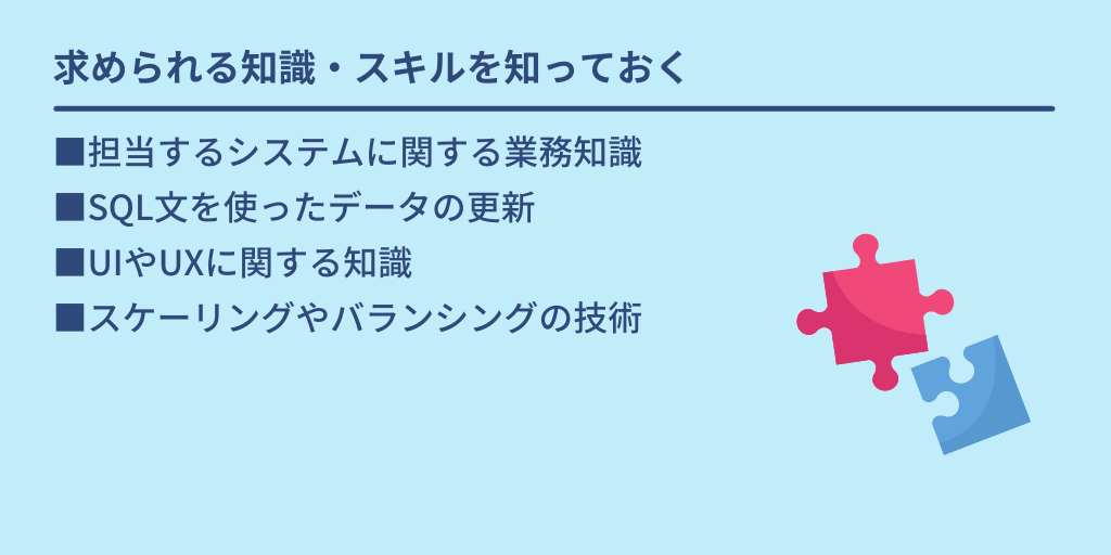 求められる知識・スキルを知っておく:■担当するシステムに関する業務知識 ■SQL文を使ったデータの更新 ■UIやUXに関する知識 ■スケーリングやバランシングの技術