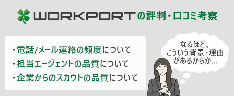 ワークポートの評価・口コミ考察 ・電話/メール連絡の頻度について ・担当エージェントの品質について ・企業からのスカウトの品質について