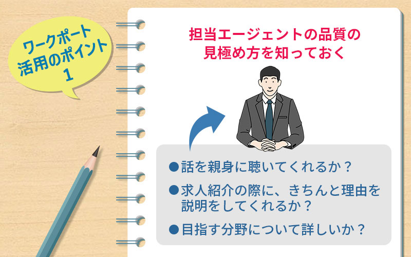 ワークポート活用のポイント1 担当エージェントの品質の見極め方を知っておく ■話を親身に聴いてくれるか? ■求人紹介の際に、きちんと理由を説明してくれるか? ■目指す分野について詳しいか?