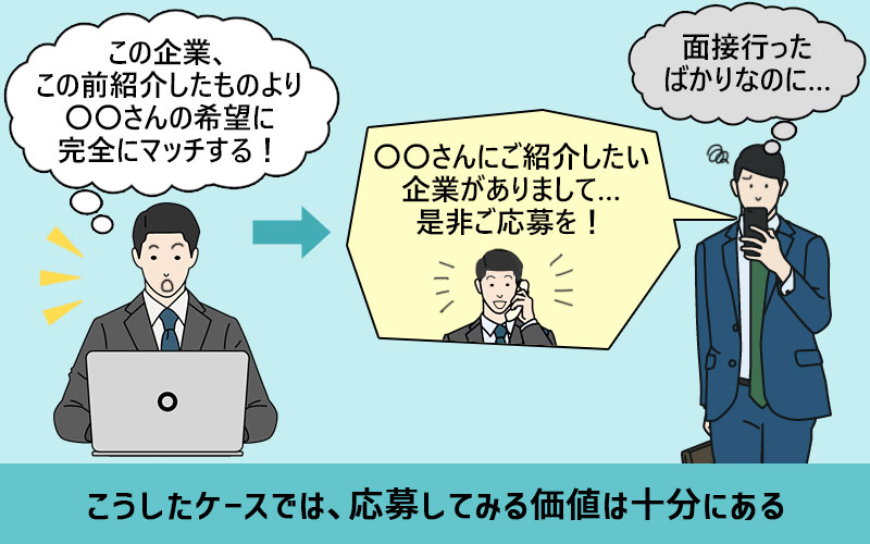 「この企業、この前紹介したものより〇〇さんの希望に完全にマッチする!」こうしたケースでは、応募してみる価値は十分にある